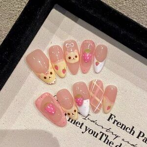 Press-on nails cute yellow bear and strawberry